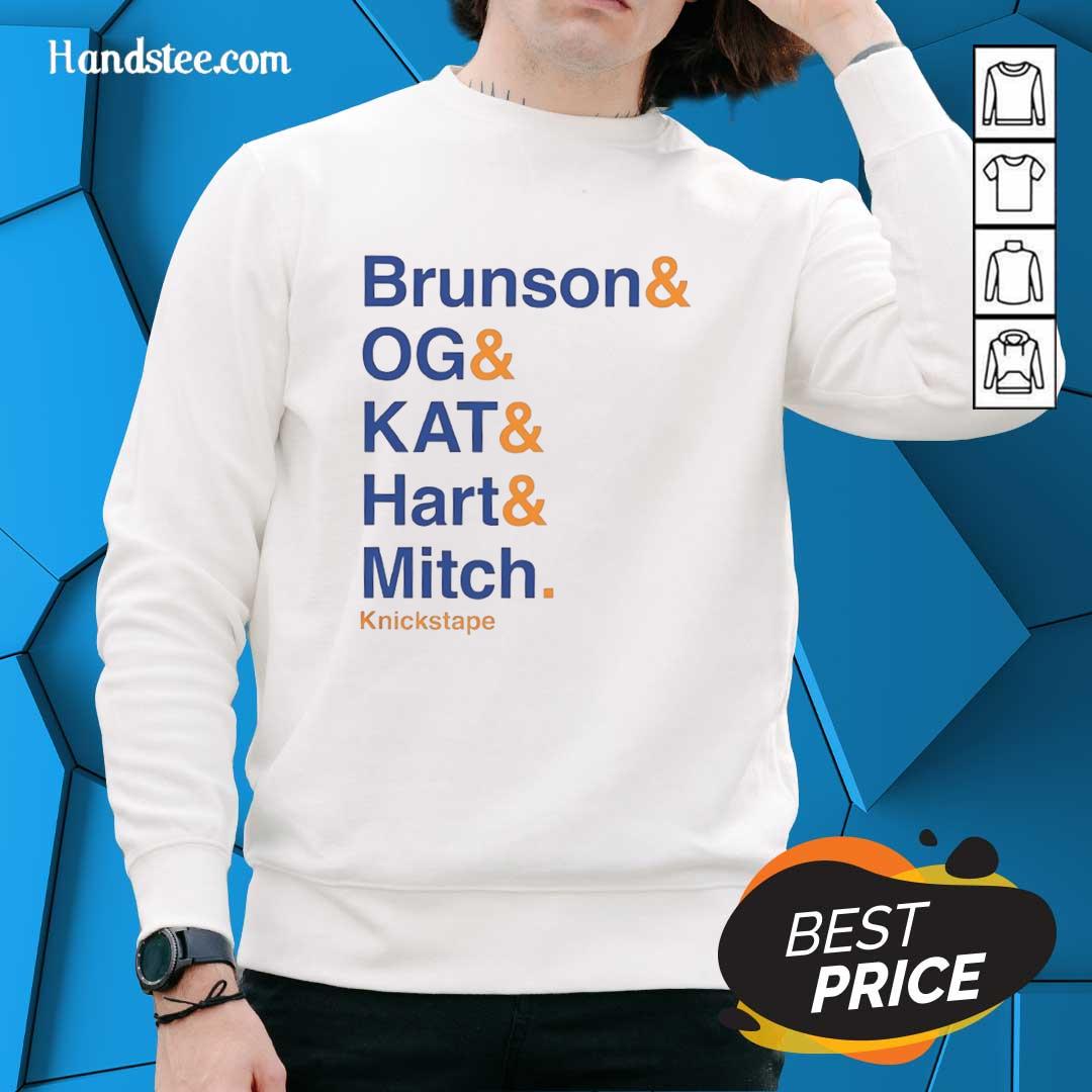 pretty-new-york-knicks-nba-the-lineup-brunson-og-kat-hart-mitch-player-names-sweatshirt NY Knicks NBA sweatshirt featuring player names: Brunson, OG, Kat, Hart, and Mitch in vibrant team colors.