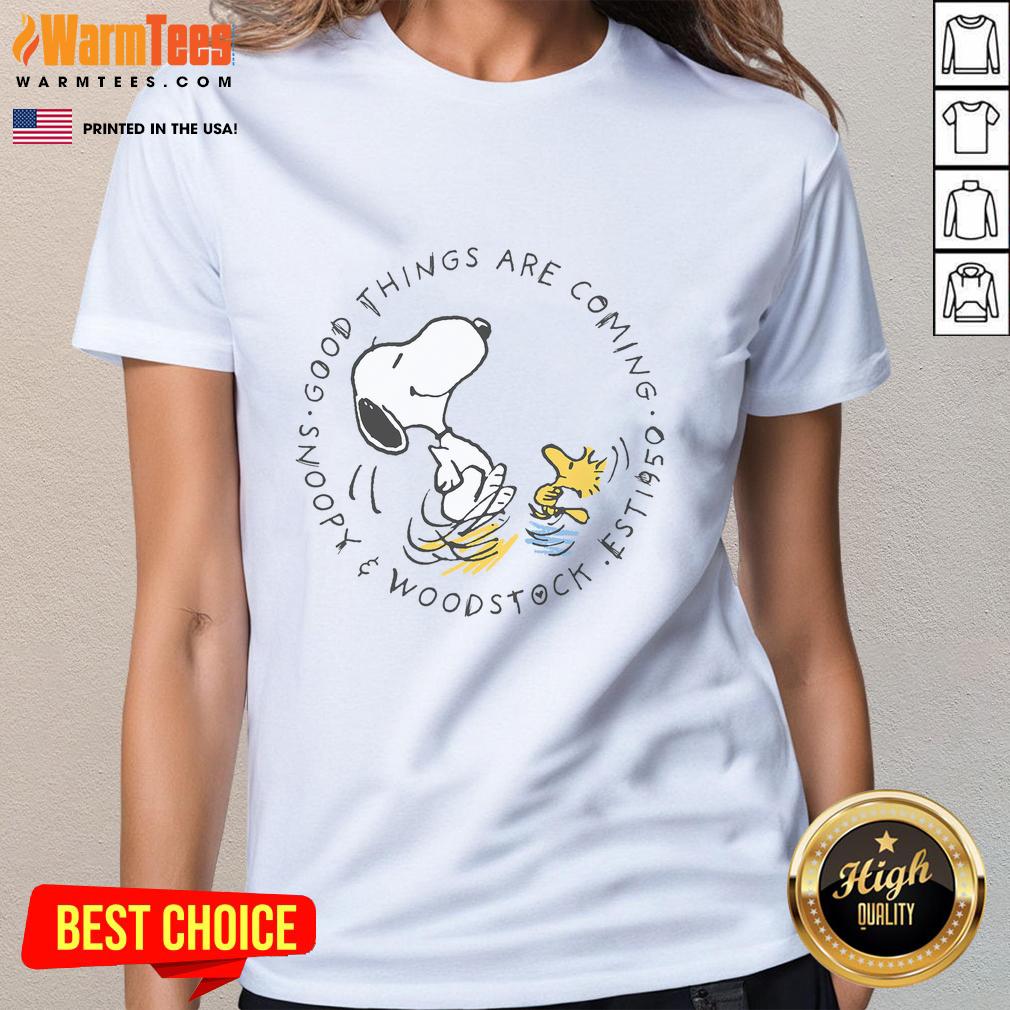 pretty-peanuts-good-things-are-coming-snoopy-woodstock-ladies-tee Alt Text: Pretty Peanuts Good Things Are Coming tee featuring Snoopy and Woodstock in vibrant colors for ladies.
