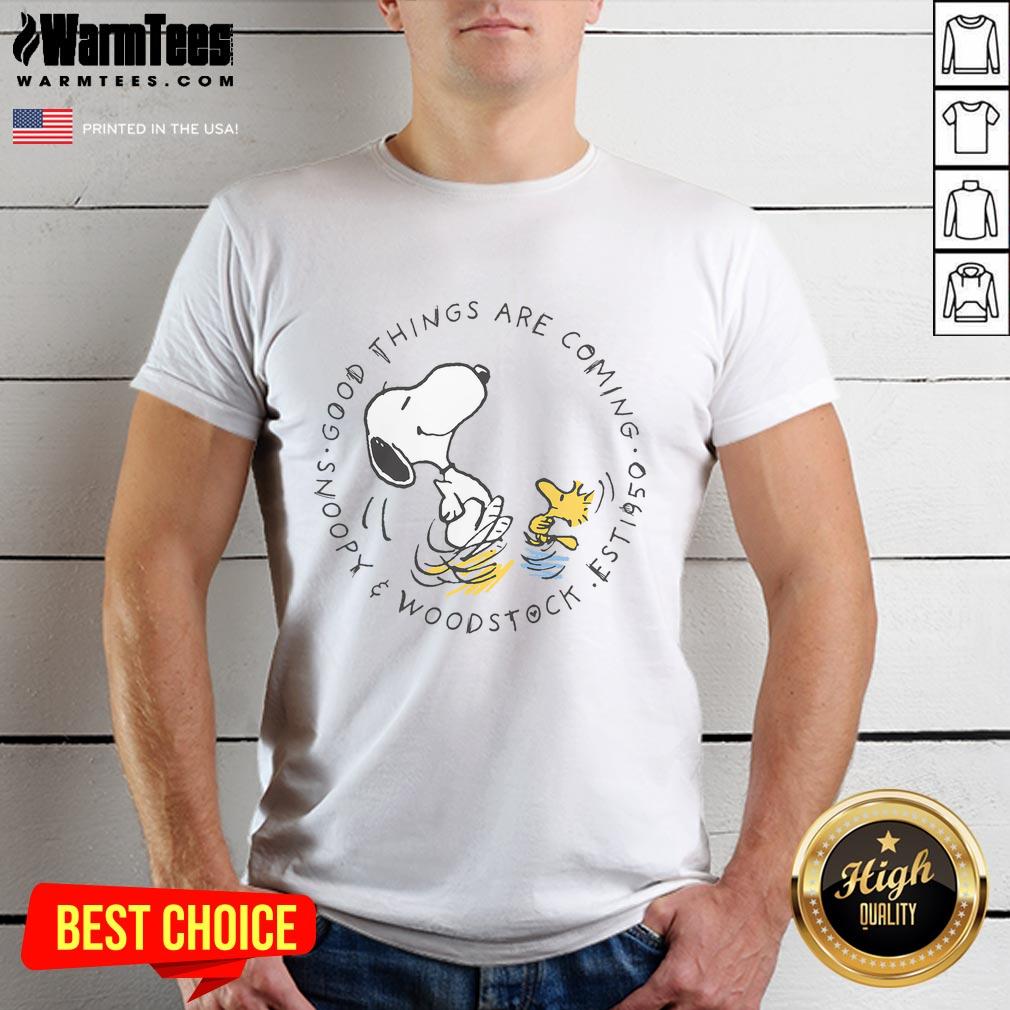 pretty-peanuts-good-things-are-coming-snoopy-woodstock-t-shirt Pretty Peanuts Snoopy & Woodstock T-Shirt featuring 'Good Things Are Coming' design, perfect for fans of Peanuts.