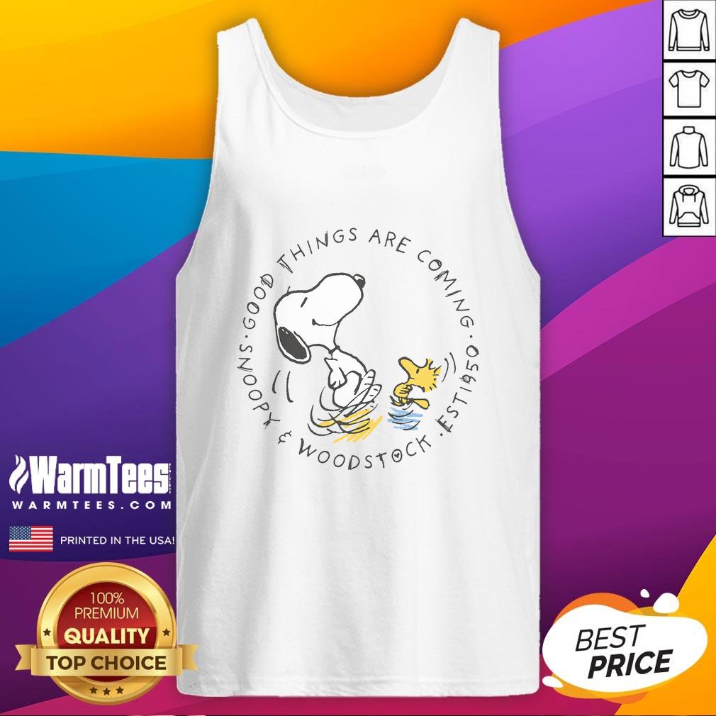 pretty-peanuts-good-things-are-coming-snoopy-woodstock-tank-top Pretty Peanuts tank top featuring Snoopy and Woodstock with 'Good Things Are Coming' text design. Perfect for Peanuts fans!
