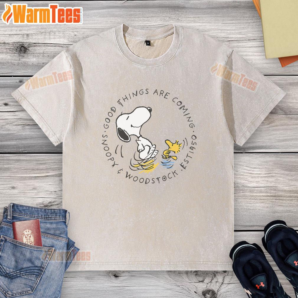 pretty-peanuts-good-things-are-coming-snoopy-woodstock-washed-t-shirt Pretty Peanuts Snoopy and Woodstock design on a washed t-shirt, perfect for fans of good things coming.