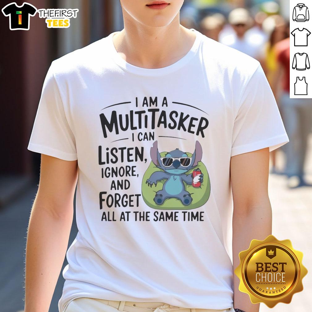Alt Text: Pretty Stitch 'I Am A Multitasker' T-Shirt design featuring humorous text about listening, ignoring, and forgetting.