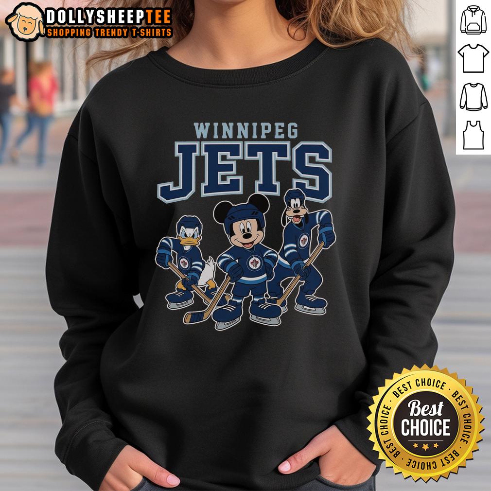 Pretty Winnipeg Jets Disney Team Ice Hockey Sweatshirt Alt Text: Stylish Winnipeg Jets Disney team ice hockey sweatshirt featuring vibrant colors and a comfortable design.