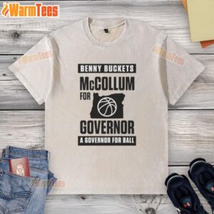 Alt Text: Funny Benny Buckets McCollum for Governor t-shirt featuring humorous design promoting Ball Washed campaign.