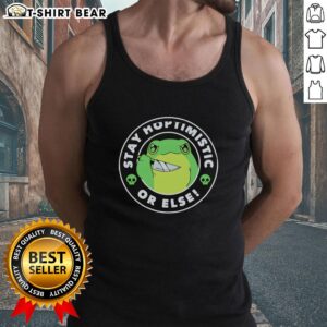 Alt Text: Funny tank top featuring a pretty frog holding a knife with 'Stay Hoptimisti or Else' text for quirky style.