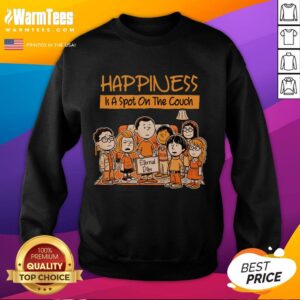 Cozy Hot Funny Peanuts sweatshirt featuring 'Happiness Is A Spot On The Couch' design, perfect for comfy lounging.
