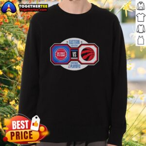 Detroit Pistons vs Toronto Raptors 2026 NBA Playoffs sweatshirt featuring team logos and vibrant colors for fans.
