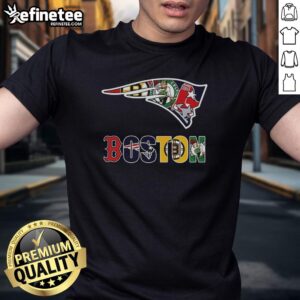 Alt Text: Collage logo T-shirt featuring New England Patriots and Boston sports teams, perfect for NFL fans.