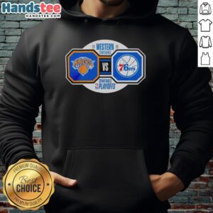 Original New York Knicks vs Philadelphia 76ers 2026 NBA Playoffs hoodie featuring team logos and playoff graphics.