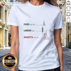 Marietta, Georgia's Big Chicken ladies tee showcasing a fun design with iconic landmarks like Eiffel Tower and Big Ben.