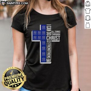 Alt Text: Pretty New York Yankees tee with 'I Can Do All Things Through Christ Who Strengthens Me' design for ladies.