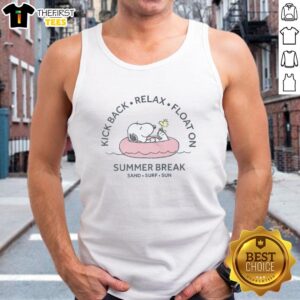 Model wearing a 'Good Peanuts Summer Break' tank top at the beach with sand, surf, and sun, perfect for summer vibes.