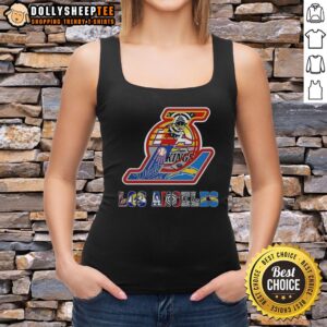 Collage of Los Angeles Lakers NBA logos and other LA sports teams on a stylish tank top design.