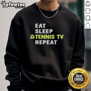 Alt Text: Hot Sports Viewer Eat Sleep Tennis TV Repeat Court Logo Sweatshirt in vibrant colors, perfect for tennis fans.