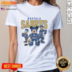 Alt Text: Pretty Buffalo Sabres Disney team ice hockey ladies tee featuring vibrant colors and playful design.