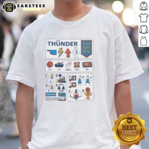 Alt Text: Oklahoma City Thunder 2026 Playoffs team building t-shirt featuring vibrant colors and bold Thunder logo design.