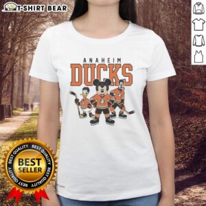 Cute Anaheim Ducks Disney Team ice hockey ladies tee featuring vibrant colors and team logo, perfect for fans.