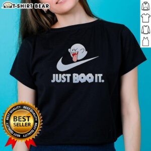 Awesome Boo The Super Mario Games Just Boo It Ladies Tee featuring a playful Boo design on a stylish shirt.