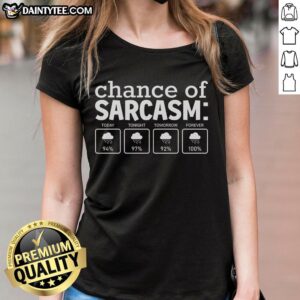 Funny sarcastic weather meme on a ladies' tee, featuring the phrase 'Good Chance of Sarcasm' in playful typography.