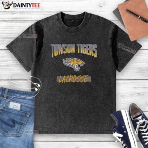 Vintage washed Towson Tigers X Lacrosse hype logo t-shirt, showcasing team spirit and style for fans.