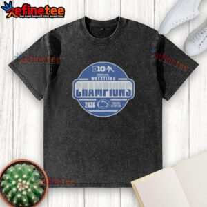 Official Penn State Nittany Lions 2026 Big Ten Wrestling Champions locker room washed t-shirt displayed on a hanger.