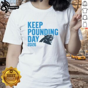 Alt Text: Premium Keep Pounding Day 2026 Carolina Panthers ladies tee featuring vibrant team colors and stylish design.