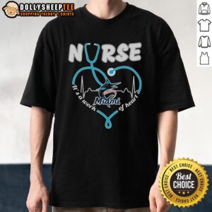 Miami Marlins Nurse t-shirt featuring a stethoscope shaped heart, perfect for healthcare fans and baseball lovers.