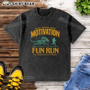 Official Galaxy Survival Series Motivation Fun Run Alien Washed T-Shirt featuring vibrant alien graphics and soft fabric.