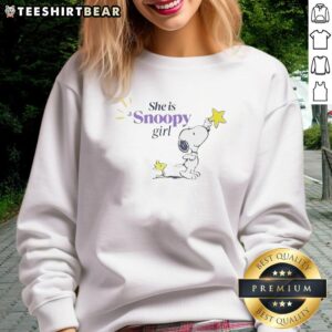 Alt Text: Cozy 'She Is A Snoopy Girl' sweatshirt featuring playful Snoopy graphics, perfect for casual outings and fans of Peanuts.