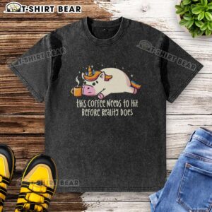Hot coffee graphic on a washed t-shirt, perfect for caffeine lovers needing a reality boost.