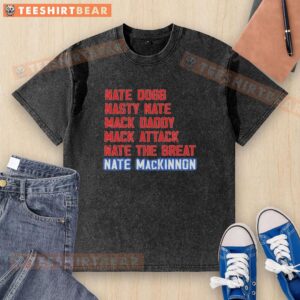 Nice Nate Mackinnon T-shirt featuring fun nicknames like Nasty Nate and Mack Daddy, perfect for hockey fans.