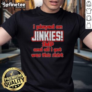 Alt Text: Official 'I Played On Jinkies SMP And All I Got Was This T-Shirt' featuring a colorful graphic design and slogan.