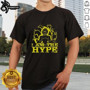 Alt Text: Hot Goku Dragon Ball Z t-shirt featuring 'I Am The Hype' Super Saiyan graphic with powerful aura design.