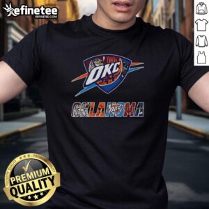 Collage logo T-shirt featuring Oklahoma City Thunder NBA and local Oklahoma sports teams, perfect for fans and supporters.