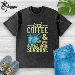 Good iced coffee and sunshine summer vibes on a trendy washed t-shirt design for a relaxed, stylish look.
