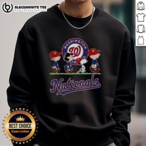 Alt Text: Cute Snoopy, Charlie Brown, Linus, and Lucy in Washington Nationals baseball jersey sweatshirts, celebrating together.