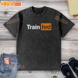 Good Train HRD logo parody on a washed t-shirt, showcasing a trendy design for casual wear enthusiasts.