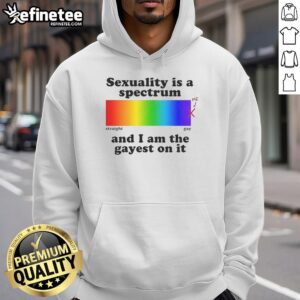 Person wearing 'Good Sexuality Is A Spectrum And I Am The Gayest On It' hoodie, celebrating LGBTQ+ pride and diversity.