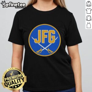 Original Buffalo Sabres JFG River Hockey Academy logo on a women's tee, showcasing team spirit and style.