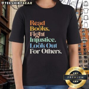Retro ladies tee featuring top-read books that inspire action against injustice and encourage looking out for others.