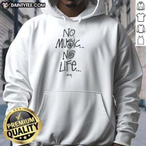 Nice Tower Records No Music No Life Hoodie displayed on a model, showcasing vibrant design and music culture style.