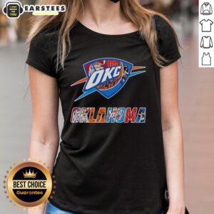 Original Oklahoma City Thunder, Oklahoma Sooners, Oklahoma State Cowboys, and Tulsa Golden Hurricane logo ladies tee.