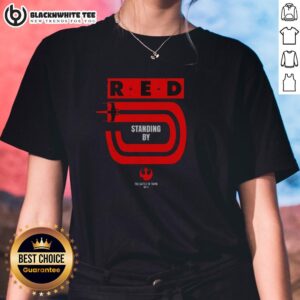 Good Star Wars Red Five Standing By X-Wing Rebels Ladies Tee shirt featuring iconic rebel pilot design.