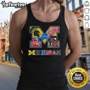 Collage of Michigan Wolverines NCAA logos on a stylish tank top, perfect for Michigan sports team fans.