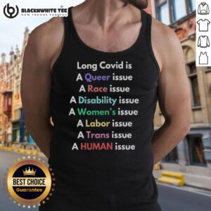 Queer women in a tank top discussing long COVID as a disability and labor issue at a community event.