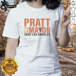 Premium Spencer Pratt for Mayor Save Los Angeles logo on a stylish ladies tee shirt design promoting local activism.