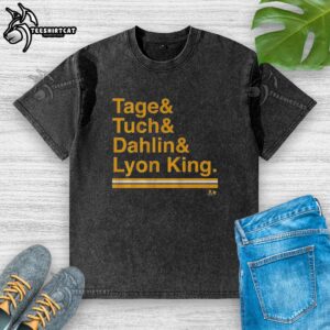 Good Buffalo Hockey ampersand Tage Tuch Dahlin Lyon King washed t-shirt featuring team colors and logo design.