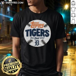 Alt Text: Nice Detroit Tigers MLB x Topps Baseball The Real One T-Shirt featuring team logo and stylish design for fans.
