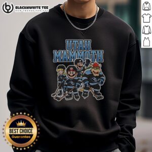 Awesome Utah Mammoth Super Mario Team Ice Hockey sweatshirt featuring vibrant graphics and cozy design for fans.