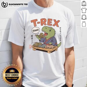 Cute T-Rex breakfast design on a Japan-themed T-shirt, perfect for dinosaur lovers and casual wear enthusiasts.